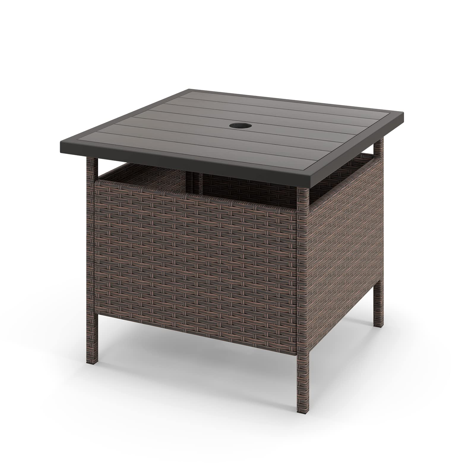 Tangkula Outdoor Wicker Table, Rattan Coffee Table with Umbrella Insert Hole, HDPE Tabletop & Sturdy Metal Frame